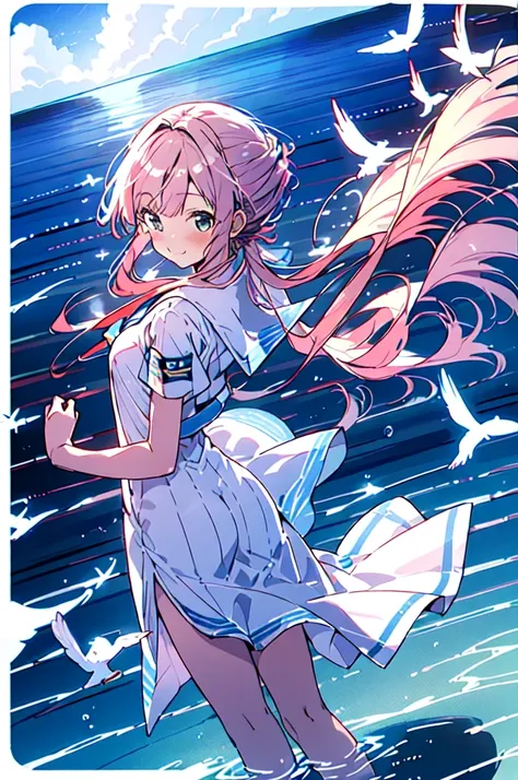 ((masterpiece,Highest quality)), Mizunashi Akari, uniform, dress, white dress, Have, Sailor collar,
Ocean, On the water, null, cloud, Outdoor, bird, Dutch Angle, long dress, Side slits