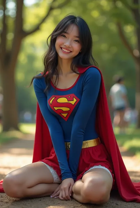 RAW, Best quality, high resolution, realistic, masterpiece: 1.3), Supergirl, black hair, perfect nose, perfect lips, perfect eyes, smiling, detail :1.2), supergirl in short red skirt, blue supergirl skinsuit, full body image detail, watery eyes, RAW, Best ...