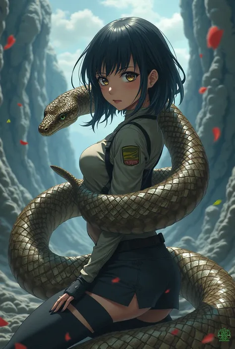 Anime characters, Mikasa Ackerman, do anime shinkei no kyoji, in animal shape, shape of a snake, Mikasa cobra, Mikasa from Attack on Titan anime, but a snake that looks like Mikasa 