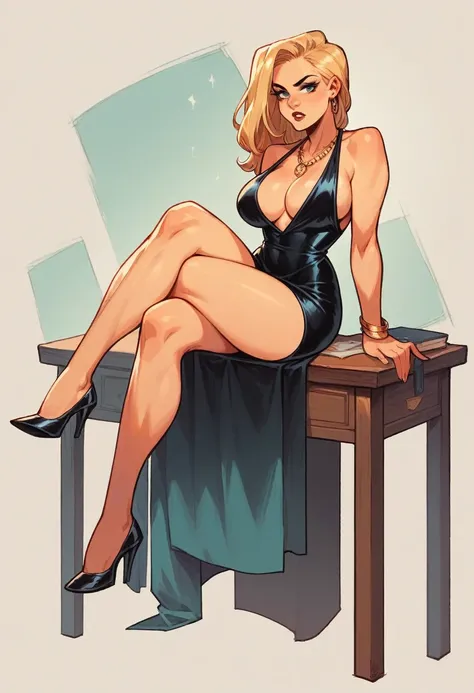 Full body shot of Ms. Buxley from Beetle Bailey comics. Long blond hair. Curvy body with large breasts Skimpy black dress. Low-cut and tight fitting and short skirt. Black high heels. Necklace and bracelet. Sitting at a desk with her legs crossed