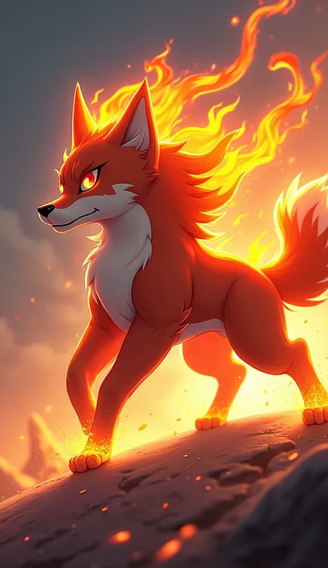 Create a full-body, fighting-ready pose for Pyro, a dog-like creature representing the fire element. The art style should be consistent with the SOLMON logo, featuring bold, vibrant colors and glowing effects. Pyro should have a dynamic pose that captures ...