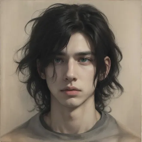 A MALE MAN White skin Spots on his face, Muitas. 
Green eyes Slightly large mouth Medium hair, Shoulder length Regular bangs Nose with a slight twist at the top Ear piercings Androgynous