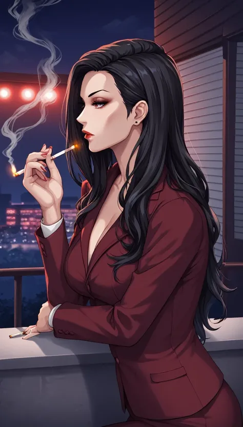 A woman holding a cigarette is gazing into the distance, Black Hair, Long Hair, The tip of the cigarette is red and smoking, Late at night, I&#39;m leaning my elbows on the balcony and looking at the stars, Wearing a tight black T-shirt and jeans, barefoot...