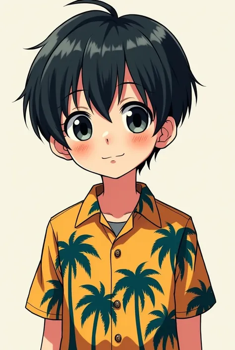 Anime, boy, black hair, black eyes, palm tree pattern shirt, height 160, curtain haircut, 