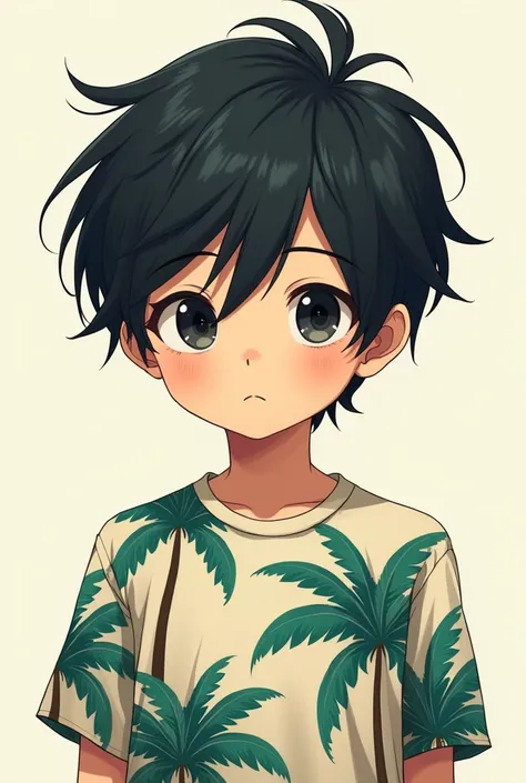 Anime, boy, black hair, black eyes, palm tree pattern shirt, height 160, curtain haircut, 