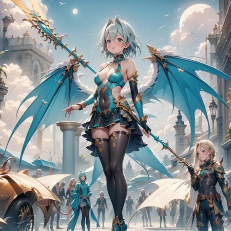 (Turquoise fantasy style) ,(8K),(illusory),Solitary,1 Girl,Yellow hair, Devils Point,Gradient Wing, Practical, best quality, masterpiece, Ultra Detailed, Ultra-high resolution,rest (outdoor),Flying in the sky,moon,spear,Look at the audience,Scary face，Meta...