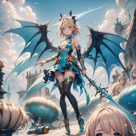 (Turquoise fantasy style) ,(8K),(illusory),Solitary,1 Girl,Yellow hair, Devils Point,Gradient Wing, Practical, best quality, masterpiece, Ultra Detailed, Ultra-high resolution,rest (outdoor),Flying in the sky,moon,spear,Look at the audience,Scary face，Meta...