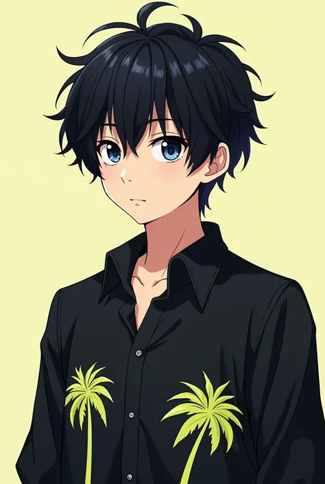 Anime, boy, black hair, black eyes, palm tree pattern black shirt, height 183, curtain haircut, 