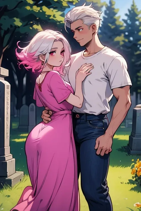 One man. One woman. Perfect faces. Perfect hands. A pink haired woman with violet eyes with an hourglass figure in a summer dress is dancing with a young white haired man with red eyes in a t-shirt and jeans in a cemetery