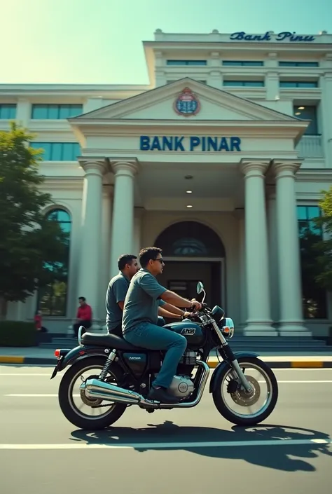 Angle camera wide shot from the side Theres 2 person (male) on a motorcycle who just arrived in bank building, the bank name is bank pinar