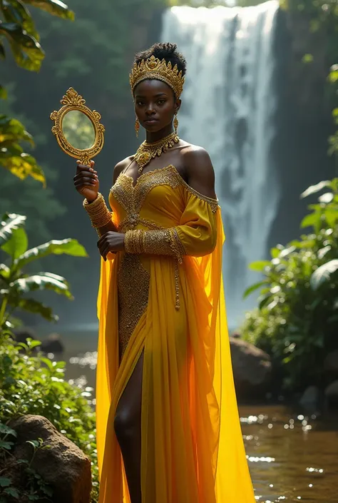 African queen, who wears yellow in the waterfalls, with a lot of gold, holding a mirror in her hand, beautiful, imposing, charming, brilliant