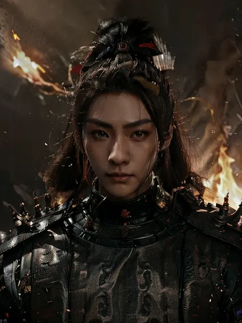 Japanese male samurai、Female warrior of the Sengoku period、Wearing armor、She doesnt wear a helmet.、Fierce battle scene、There are many people fighting、Fire is burning everywhere、A sense of presence、The power of the eyes、Real、Genuine 、２５age、Hair in pigtails ...