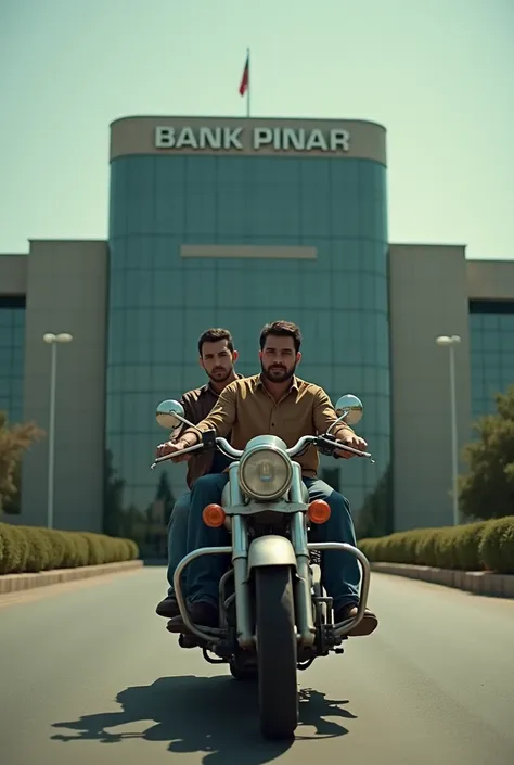 Angle camera wide shot from the side Theres 2 person (male) on a motorcycle who just arrived in bank building and park their motorcycle infront of it. the bank name is bank pinar