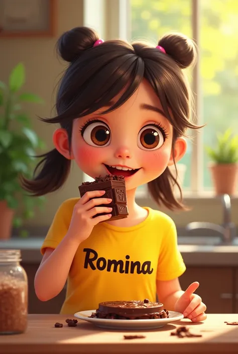 Une fill avec un mot Romina sur son tee-shirt jaune qui mange une chocolat 