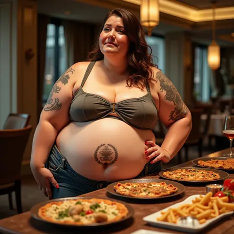 A plus size model woman is obese and overweight, weighing 150kg, with a lot of belly fat, she gained weight by eating too much, an obese plus size model with a very large belly, her belly is bulging and covered with a lot of fat, she has a saggy belly and ...