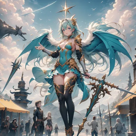 (Turquoise fantasy style) ,(8K),(illusory),Solitary,1 Girl,Yellow hair, Devils Point,Gradient Wing, Practical, best quality, masterpiece, Ultra Detailed, Ultra-high resolution,rest (outdoor),Flying in the sky,moon,spear,Look at the audience,Scary face，Meta...