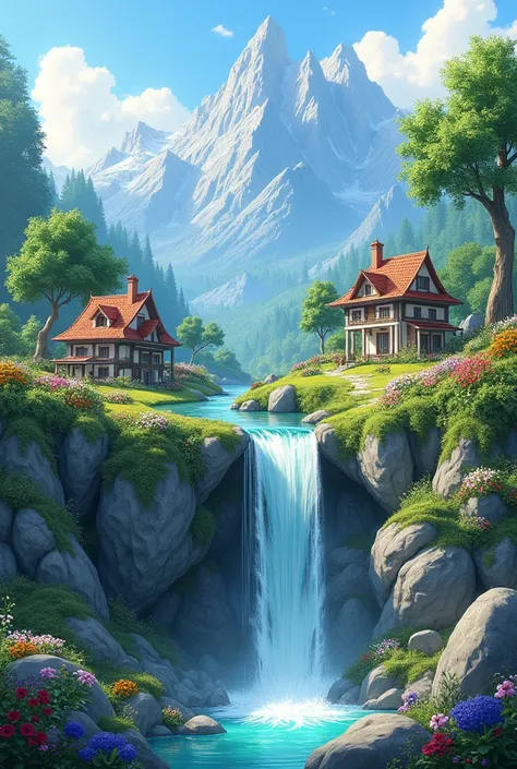 Beautyfull nature with mountains and small houses some flowers in gardens with waterfall
