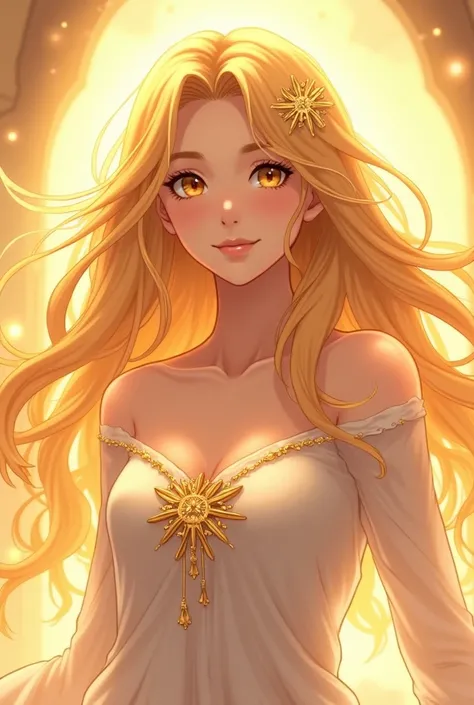 goddess, golden hair, gold eyes, beautiful woman, warm smile, maternal, Anime Style 