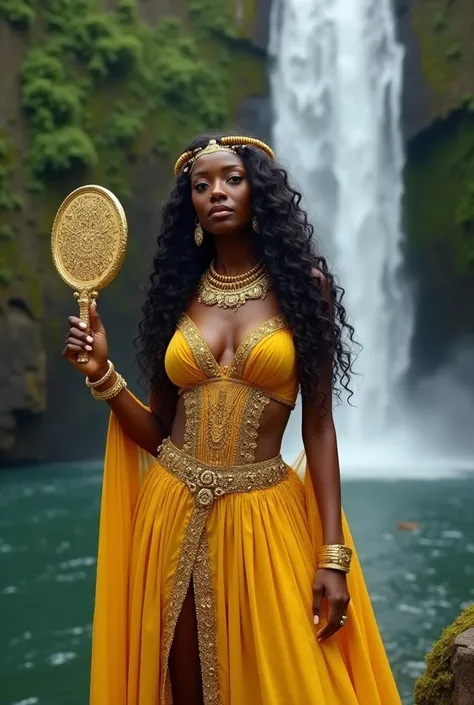 African queen, curly long hair, who wears yellow in the waterfalls, with a lot of gold, holding a mirror in her hand, beautiful, imposing, charming, brilliant