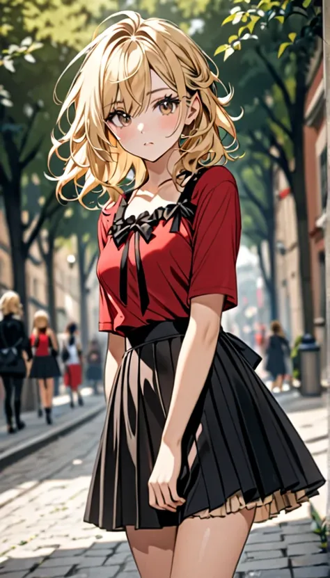 Beautiful and blond, messy styled hair, black ribbon, red top, stylish skirts, looking fancy