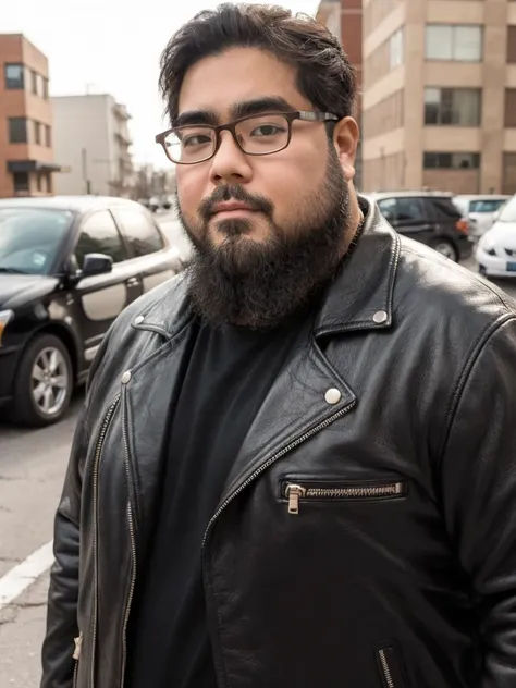 (yossan), beard, glasses, obesity, black leather jacket, (full body)