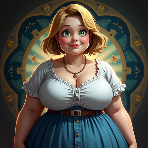 Funny cartoon of a fat young woman with green eyes and short golden hair, modest clothing