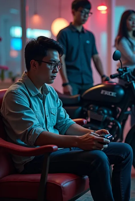 Man playing free fire sitting on a piece of furniture right in front of a motorcycle and two people wearing glasses 