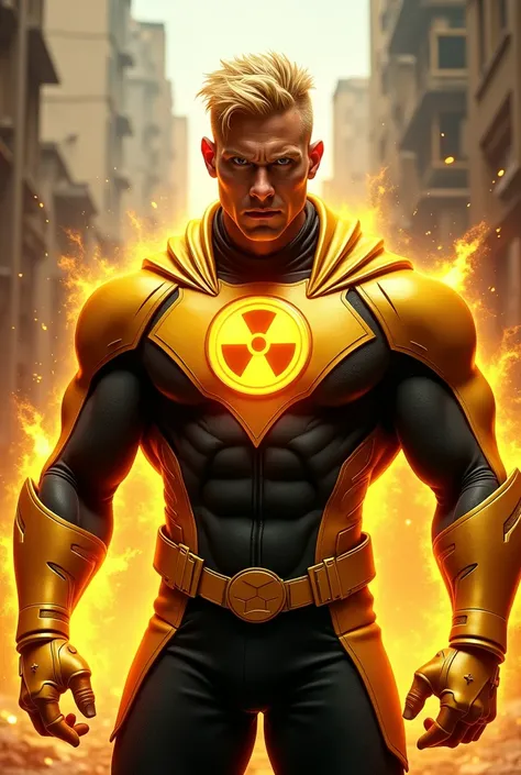 Nuclear man (superpowers, action movie, man, radiation, blonde, costume gold and black. Chest symbol

