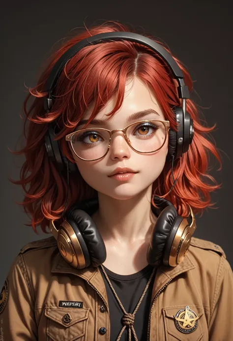 Young woman, Glasses, headphones, logo, avatar, Red with Black, Intertwined, Rope, Small Golden Patches, Clear drawing, bright colors, clear detail