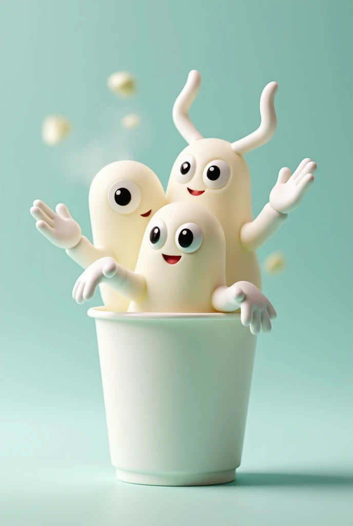 Disposable cup with animated white gelatin pieces with eyes and hands with white gloves