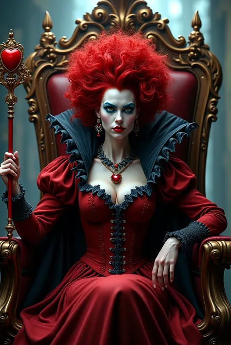 （Red curly hair），Queen，Queen Clothing，Holding a love staff，Red lipstick，(the red queen，Disney Villains)，Big Head，Pale skin，Villains，Sitting on the throne，accessories，poker，Blue Eyeshadow