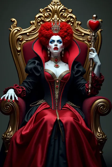 （Red curly hair），Queen，Queen Clothing，Holding a love staff，Red lipstick，(the red queen，Disney Villains)，Big Head，Pale skin，Villains，Sitting on the throne，accessories，poker，Blue Eyeshadow