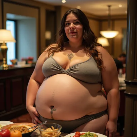 A plus size model woman is obese and overweight, weighing 150kg, with a lot of belly fat, she gained weight by eating too much, an obese plus size model with a very large belly, her belly is bulging and covered with a lot of fat, she has a saggy belly and ...