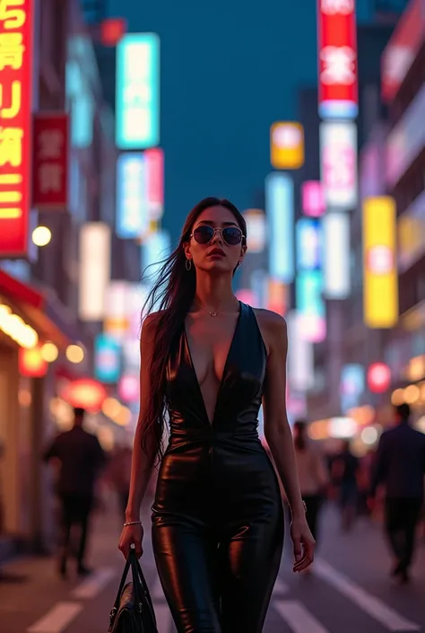 Prompt: A stylish woman walks down a Tokyo street filled with warm glowing neon and