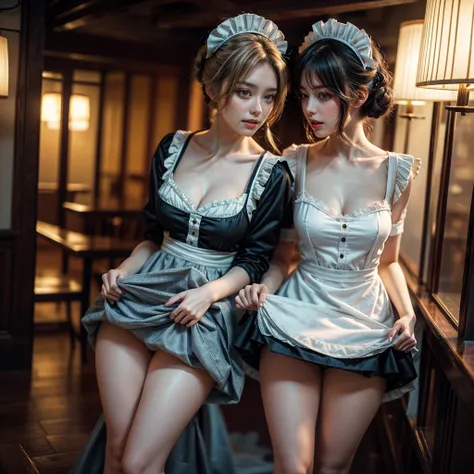 (Full Body of Extremely Detailed((Kawaii Maid Group in a row:1.37))), Childish perfect face, Reflective Eyes, Detailed(Delicate Clothing textures), Correct Leg Line, Dynamic Joyful Expressions LifeLike Rendering, Specular Reflection, TopQuality 8K Ultra-de...