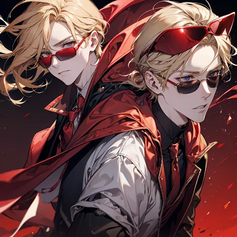 Man, red hoodie, tuxedo under hoodie, tie, blonde, cool, handsome, facing forward, red sunglasses