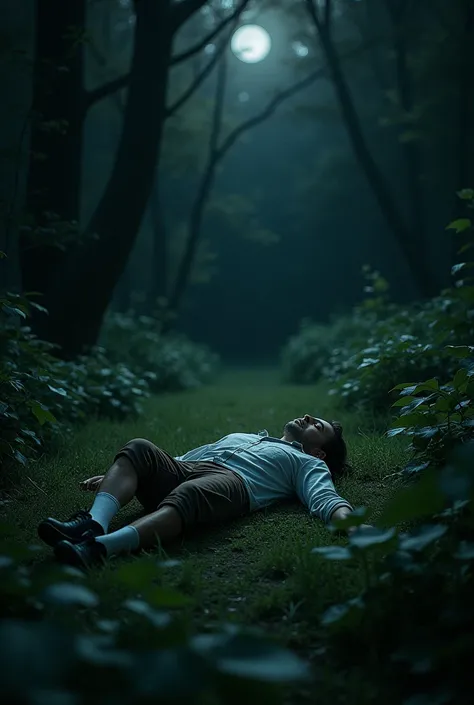 A slightly dirty white man with black shoes and white socks lying face down on the grass in a forest at night. 