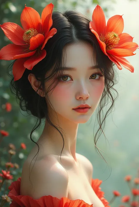 Human character drawing with red flower and butterfly features