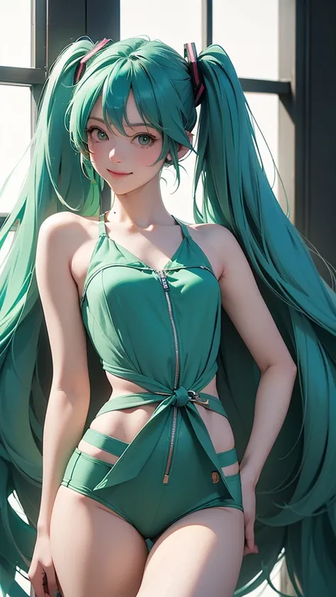 One Girl(High resolution, masterpiece, accurate, Anatomically correct), ((Hatsune Miku、Emerald Green Hair Color))、(smile、Mouth slightly open)、((Long legs))((Model at a photoshoot in the park))((Small waist))Highest quality, Ultra high definition, High-reso...