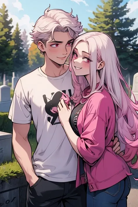 One man. One woman. Perfect faces. Perfect hands. A pink haired woman with violet eyes with an hourglass figure in a summer dress is kissing a young white haired man with red eyes in a t-shirt and jeans in a cemetery with big smiles