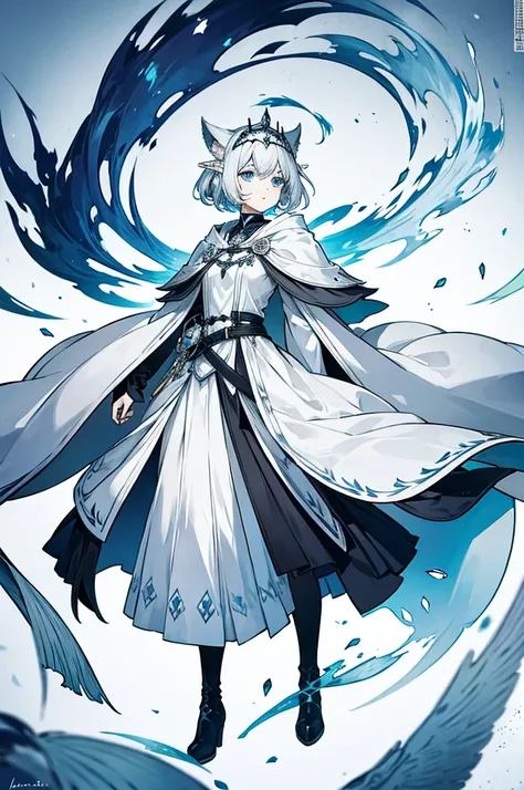 Gray and white shoulder-length short hair，Girl，Blue Eyes，Elf ears，No headdress，No cat ears，Wear a magicians robe，cloak，hood，Long skirt，Boots，full-body shot，front Photo，No background