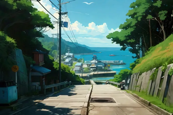 Side view of a coastal road descending towards a small harbor, captured in an anime style artwork. The road is steep, with a guardrail on the left and a small green hill on the right. The asphalt appears slightly worn with some cracks, and a manhole is vis...