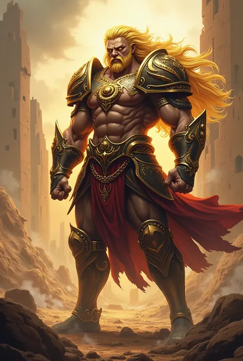 God of War, golden hair, gold eyes, Brutal Armor, Face like chiseled, in the middle of a battlefield, Antiquity, Anime Style