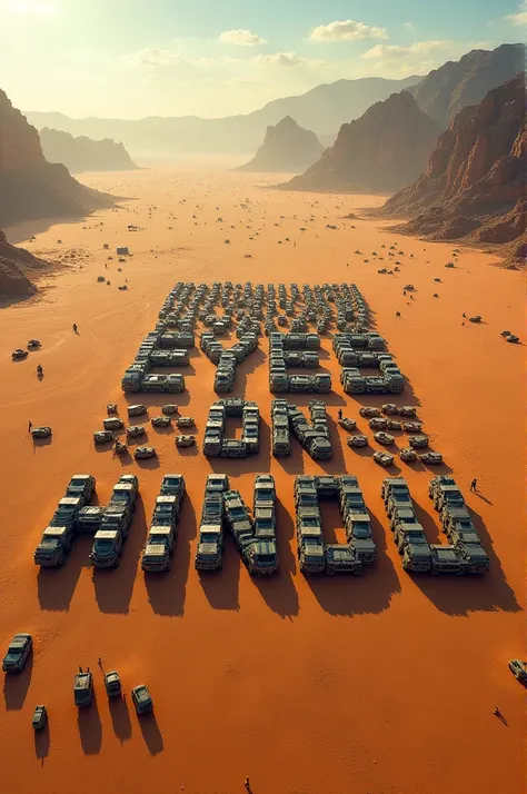 Create an aerial view of a vast desert landscape with mountains in the distance. The foreground is filled with countless vehicles and tents arranged in a grid pattern, forming large letters that spell out ALL EYES ON HINDU. The scene should convey a sense ...