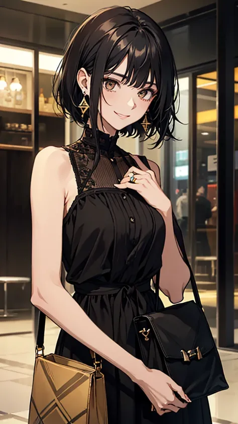 、Lonely smile、Black Short Hair、Black and gold eyes、large ring earrings、Casual brown long dress、Black small bag、Upper Body