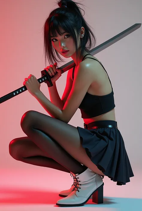 masterpiece, Best Quality, super rendering, super Realistic, High Detail Face, Clean and delicate face, whole body, Crouch and swing a long sword, gcyberpunk girl seductive pose, wearing a camisole and pleated mini skirt, bare ass, open legs, Sleeveless, b...