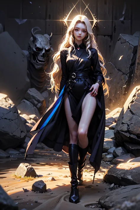 Girl with long white hair down to her waist, with small red details, red eyes, long black dress with a leg slit, with red details, long black boots up to below the knees, white skin, the ground around her is cracking and small stones are floating around he...