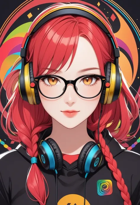 Young woman, Glasses, headphones, logo, avatar, Red with Black, Intertwined, Rope, Small Golden Patches, Clear drawing, bright colors, clear detail, Multicolor, Bright Juicy Colors