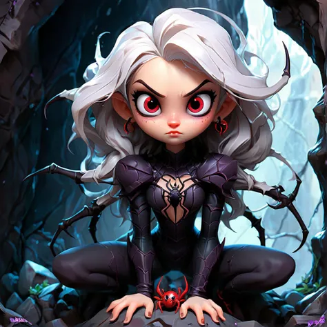 anime character with spider and spider spider in a cave, lolth, perfect drow, drow, epic fantasy art style, queen of ice and storm, arachne, on an icy throne, chibi monster girl, dark elf princess, with red glowing eyes, chibi, advanced digital chibi art, ...