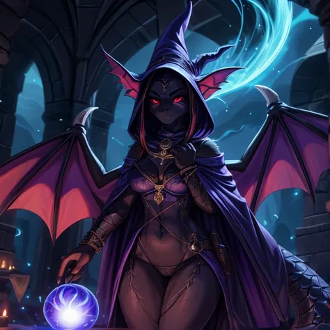 24 year old slutty girl, black skin with blue, Arab, furry, furry art, the debt, witch clothing, malignant aura, dragon wings, body with scales and feathers, energy ball, casting sorceress spell, red evil eyes, evil spell, black aura His eyes are large and...